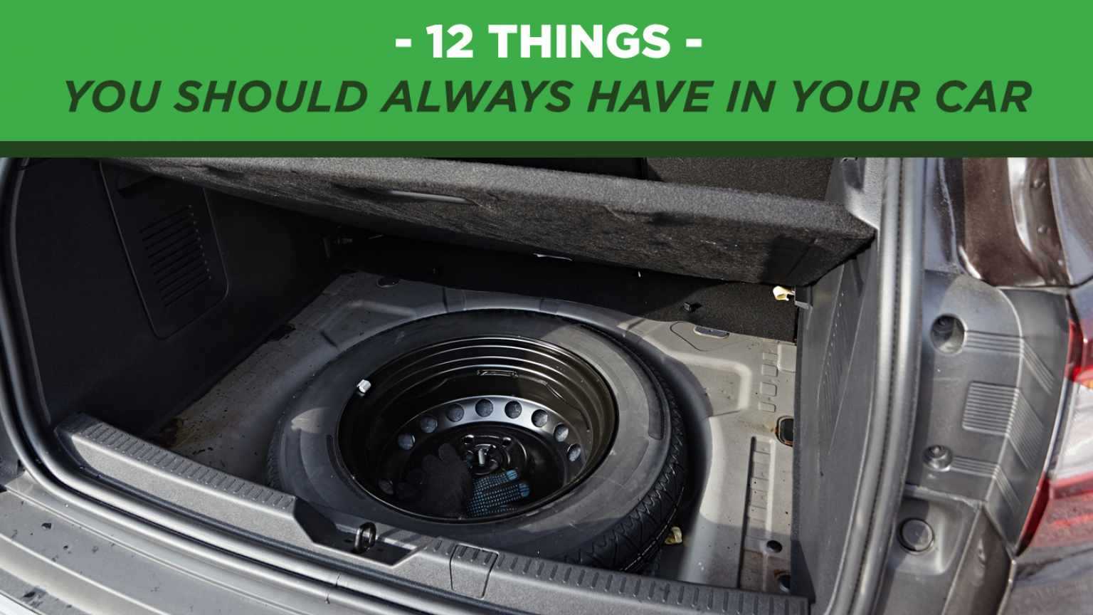 12 Things You Should Always Have in Your Car - An image of a spare tire in the back trunk of a car.