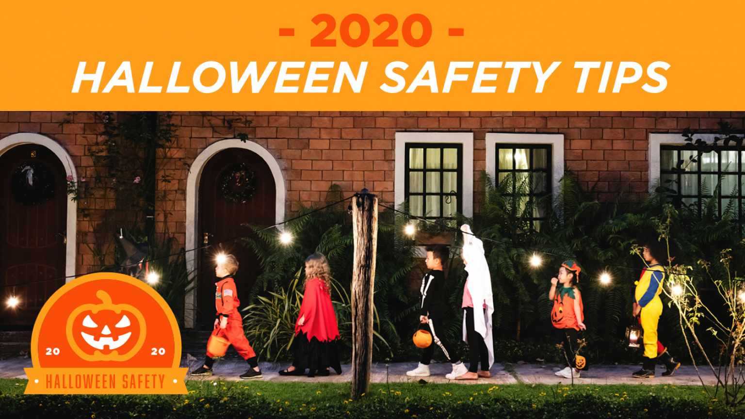 2020 Halloween Safety Tips - An image of kids trick or treating for halloween.