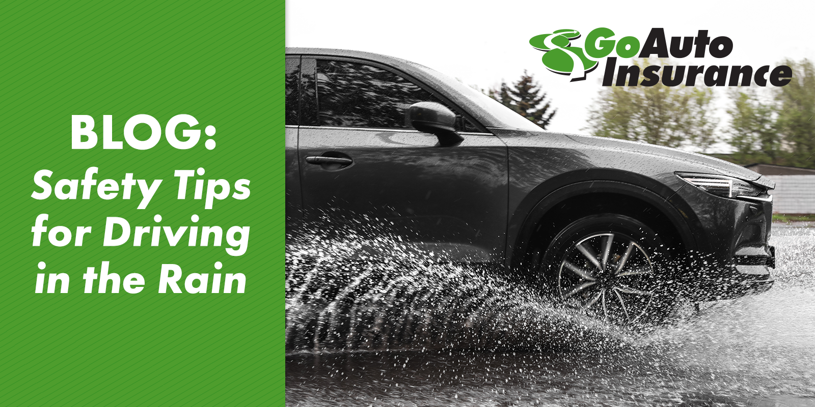 Safety Tips for Driving in the Rain. An image of a grey vehicle driving through the rain.