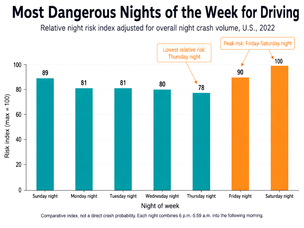 Diagram showing most dangerous day of week for night driving - GoAuto Insurance
