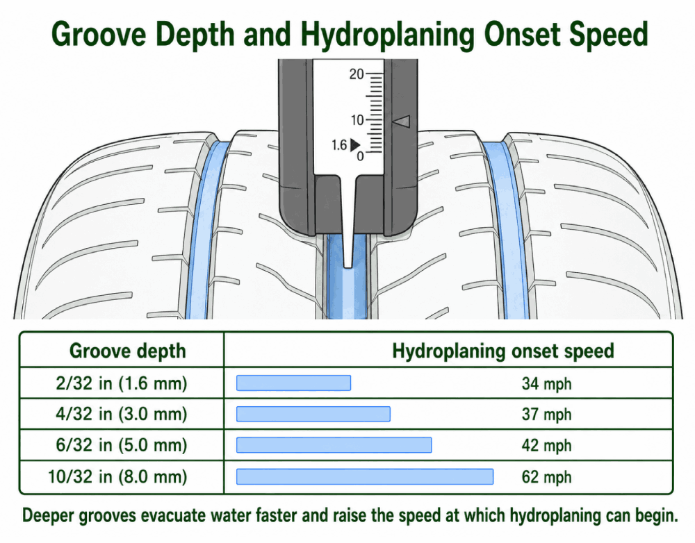 Diagram showing the dependency of hydroplaning onset speed on tire groove depth