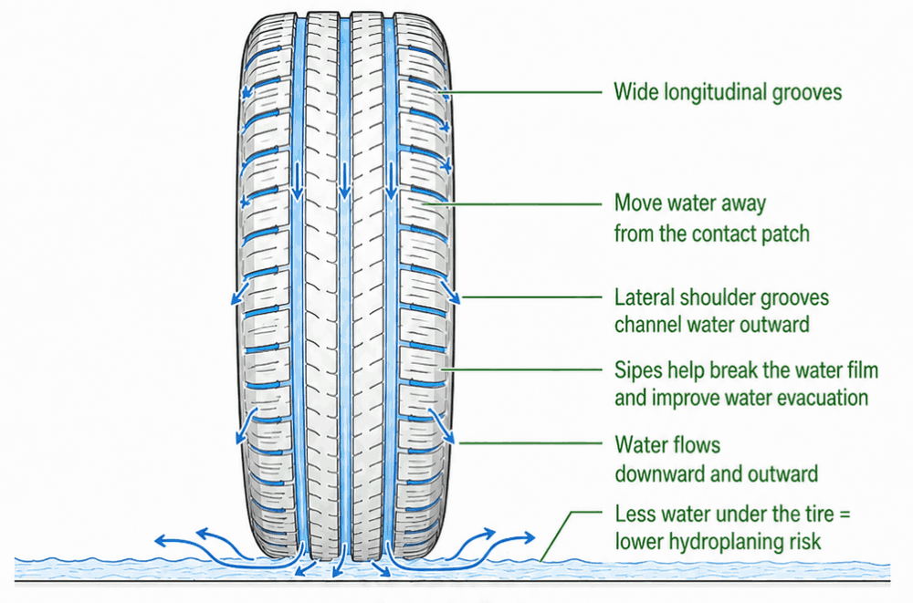Tire protection from hydroplaning scheme