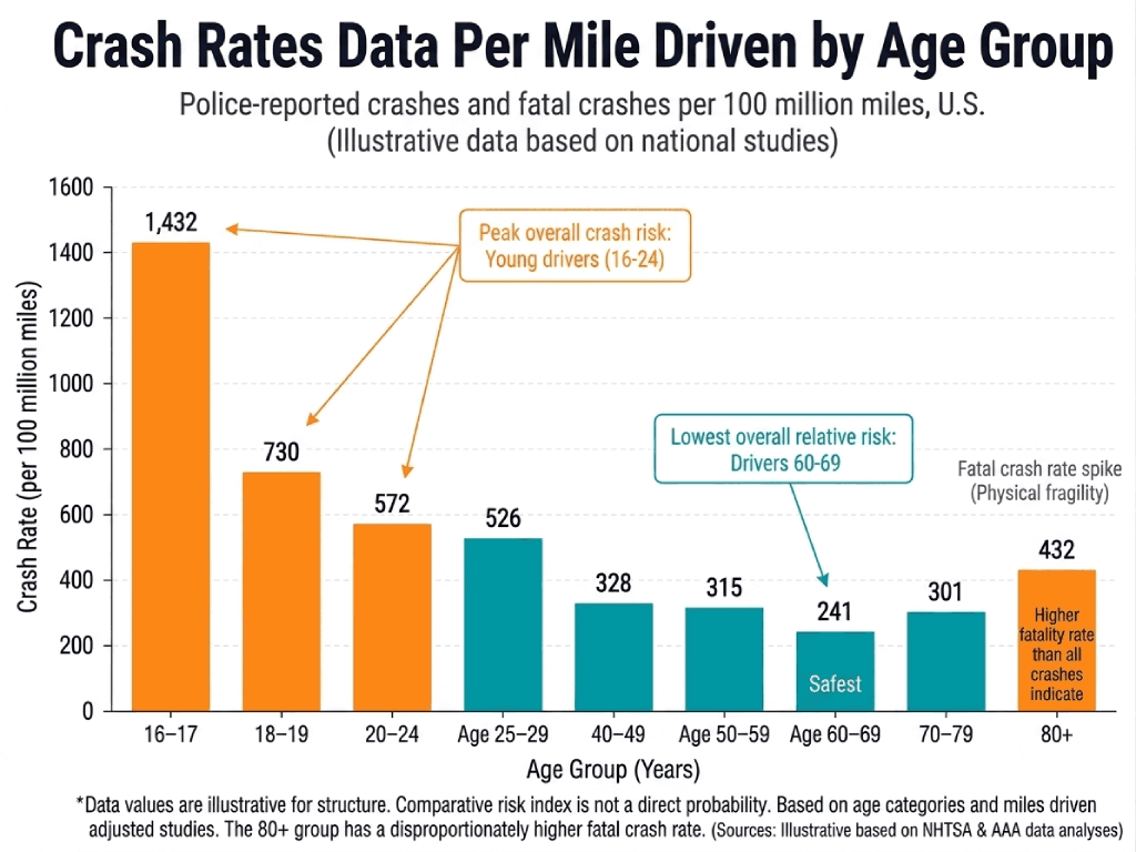 Crash Rates Per Mile Driven by Age in US